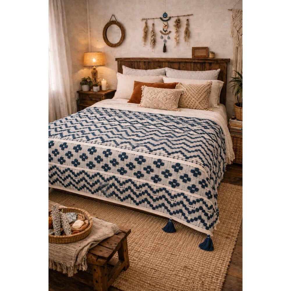HandWoven Dark Turquoise Throw Blanket Geometric  Contemporary Diamond Tassels